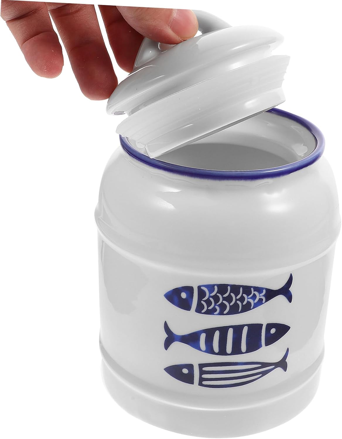 Ceramic Food Storage Container Airtight Grains Canister with -purpose Kitchen Organizer for Snacks Nuts and Cereal Japanese Blue Fish Design