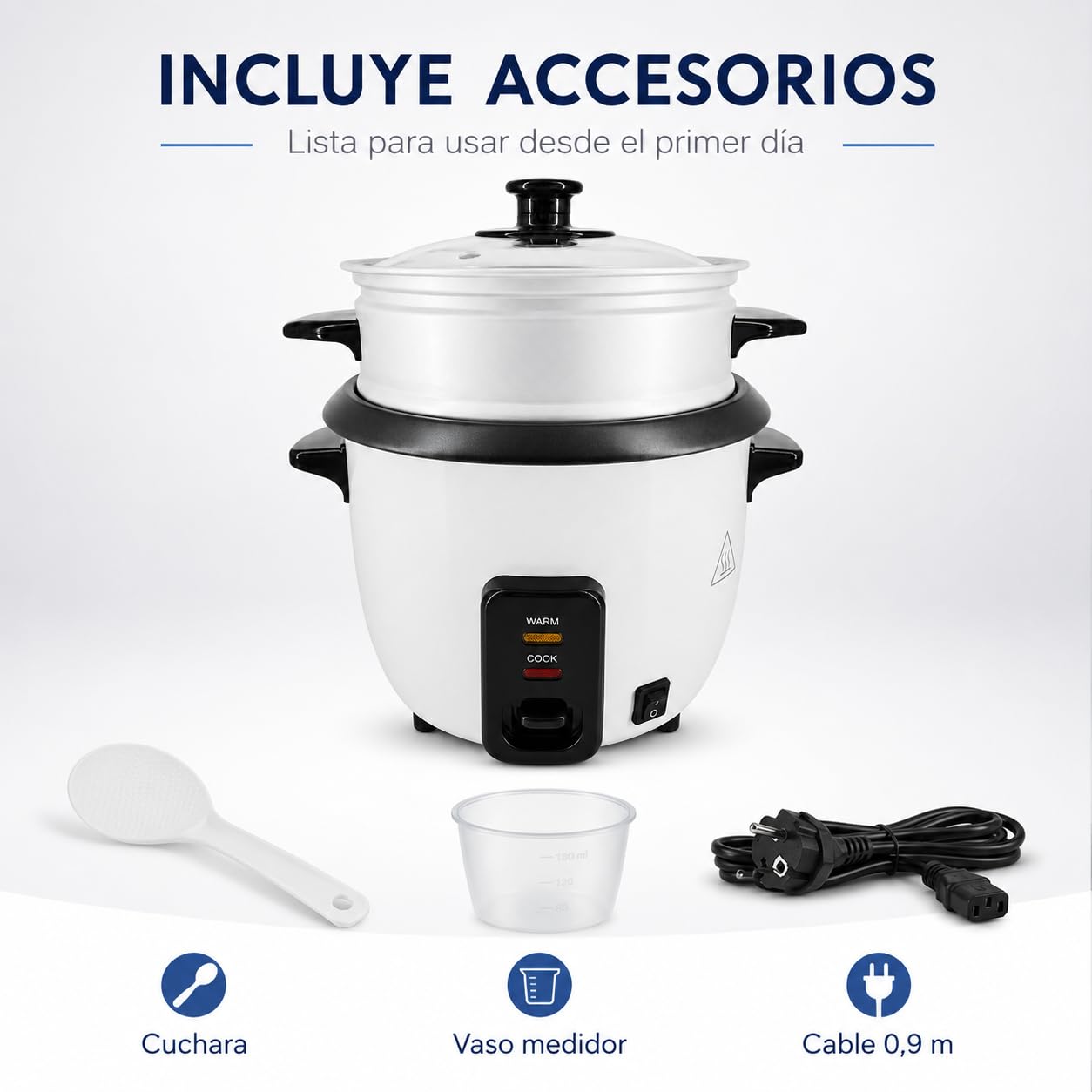 Arrocera Eléctrica 700W, Vaporera, Cuba Antiadherente, 7-8 Raciones (1,8L) | Función mantener caliente, tapa de vidrio, protección térmica y accesorios.