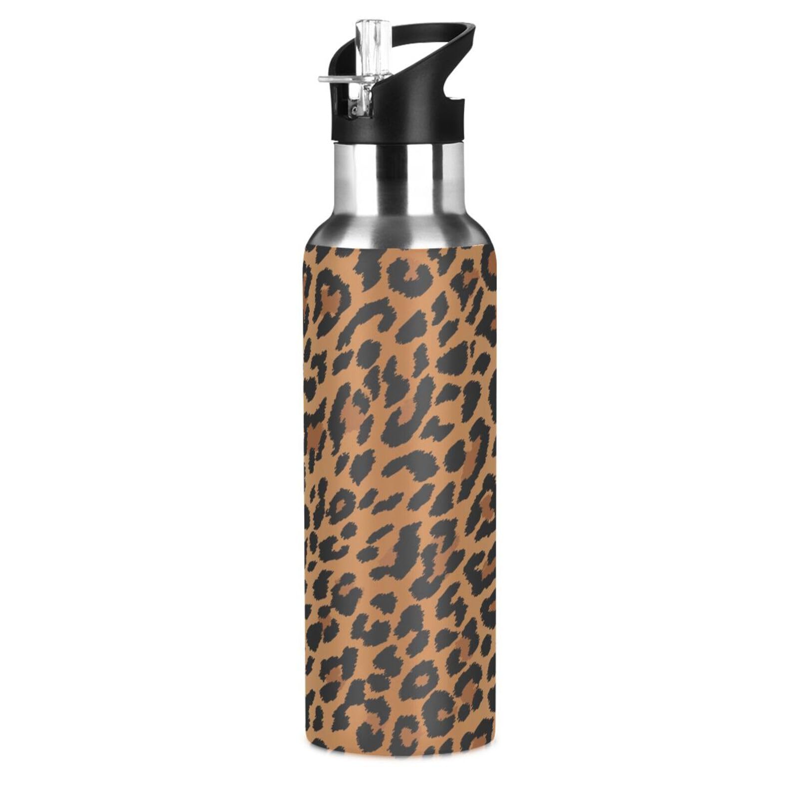 Botella Térmica JUMBEAR 22oz (600ml) Acero Inoxidable Con Pajita, Diseño Leopardo, Aislada Al Vacío
