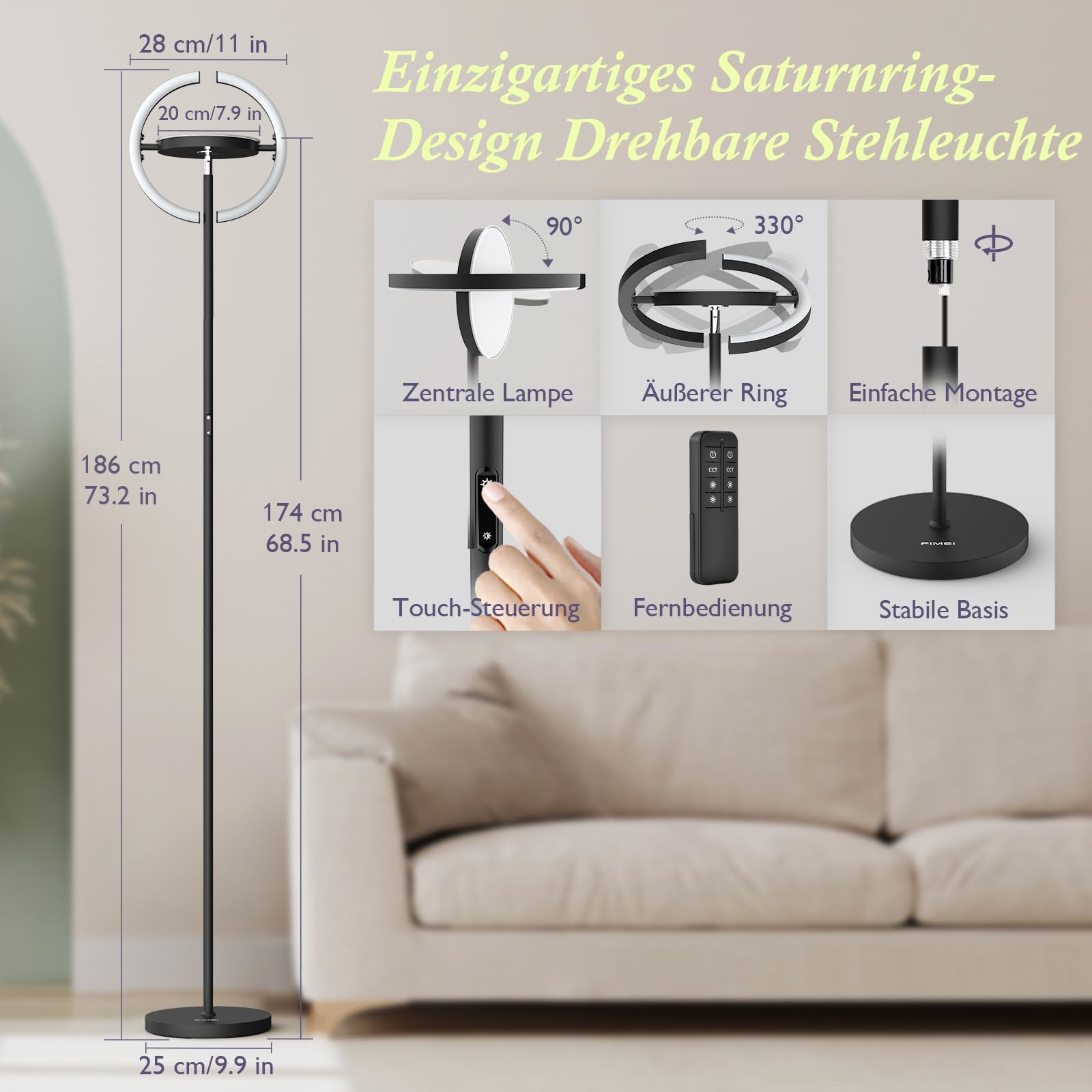 FIMEI Stehlampe, Stufenlos dimmbar & 3000K - 6000K Farbtemperaturen, Fernbedienung/Touch Unabhängige Steuerung, Augenschonend, Uplighter Stehlampe für Wohnzimmer