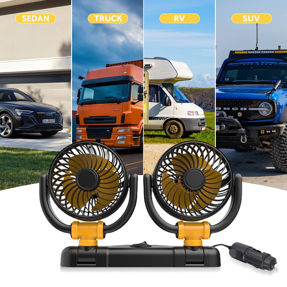 Ventilatore Auto, Ventilatore Auto Doppia Testa, 360° Ruotabile Ventola, 12 V Ventilatore da Auto con Presa Accendisigari, 2 Velocità per SUV RV ATV Camion Camper Auto Furgone Barca