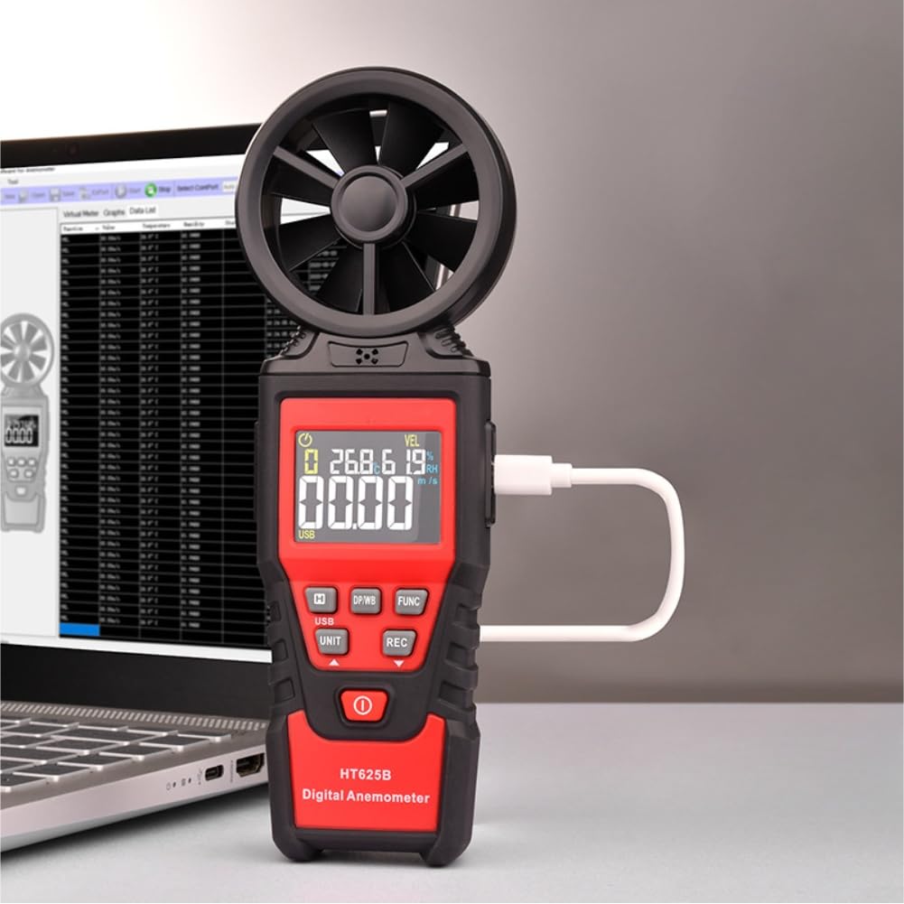 Digitales Anemometer Handheld Windmesser misst Luftgeschwindigkeit Volumen Temperatur Feuchtigkeit HD Farbdisplay mehrere Einheiten m/s km/h ft/s Knoten Datenhaltung USB Schnittstelle(HT625A)