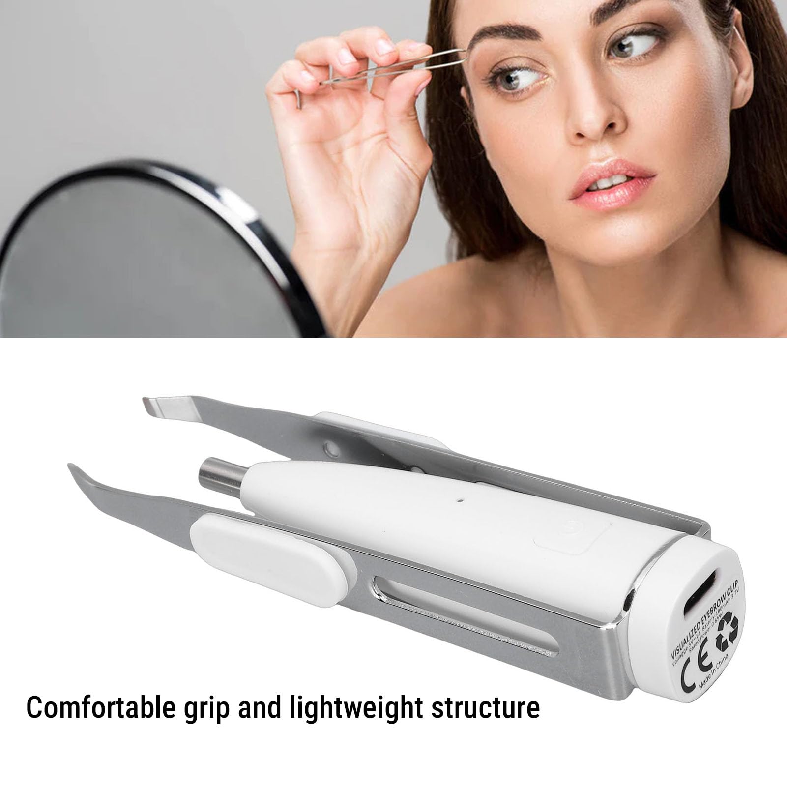 Denash Pinzette Inclinate per Fotocamera a LED, Pinzette per Sopracciglia con Luce e Ingrandimento 10X, Illuminate per Depilazione con Fotocamera per una Toelettatura Precisa (WHITE)