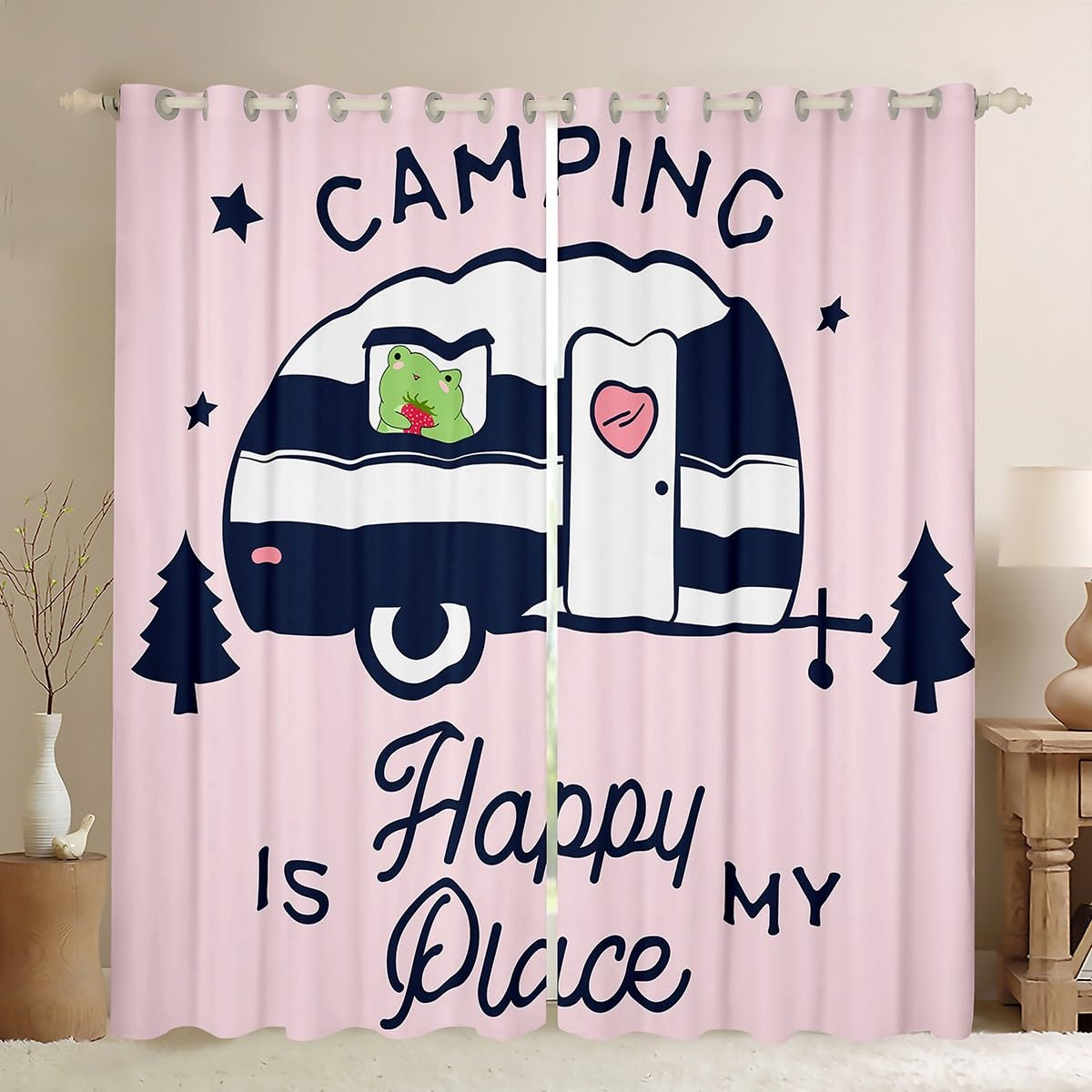 Camper Curtains for Bedroom Living Room Kids Frog Kawaii Animal 30%-50% Blackout Curtains Happy Camping Window Drapes RV Camping Window Treatments Pink W46*L72 โ image 1
