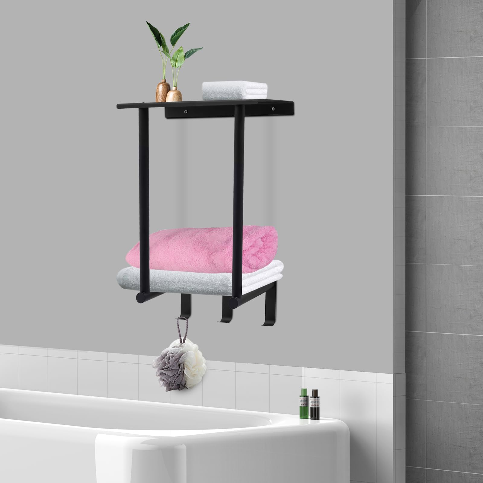 Porte-serviettes design industriel en métal noir de 32 cm avec tablette de rangement intégrée