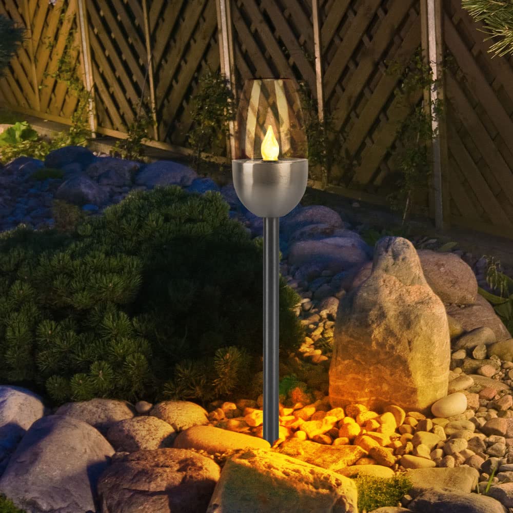 Solarleuchte Wegelampe Außenleuchte, Gartenfackel mit Feuereffekt, Terrassenlampe, integrierter Akku, Metall, schwarz, LED, DxH 6x38cm, 5er Set