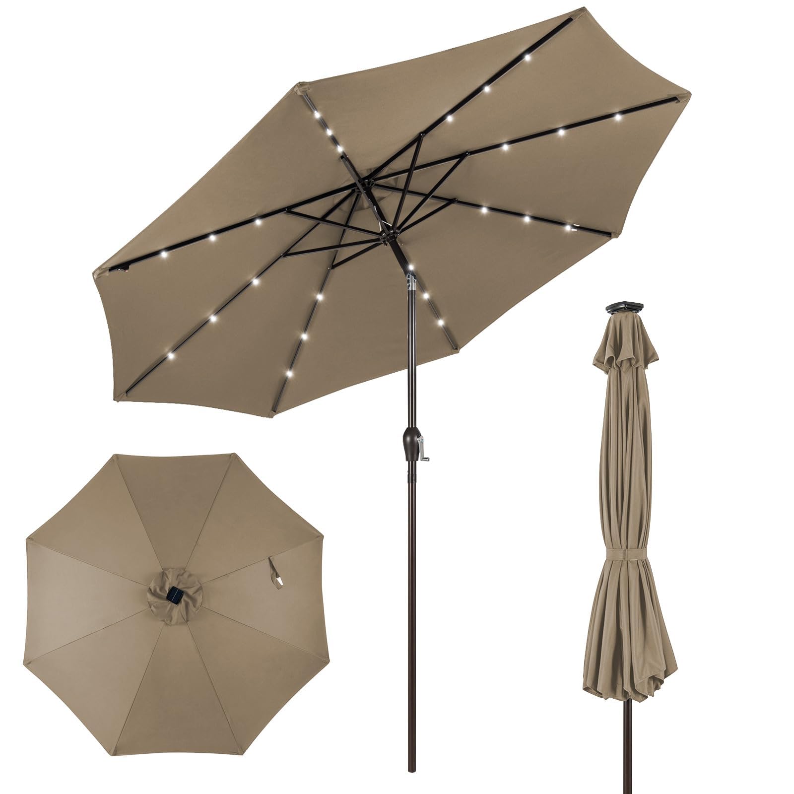 COSTWAY 300 cm Sombrilla Terraza Exterior, Parasol Terraza Exterior Plegable con 24 Luces LED Solar, Manivela y 8 Varillas de Metal, Protección UV, Impermeable, para Terraza