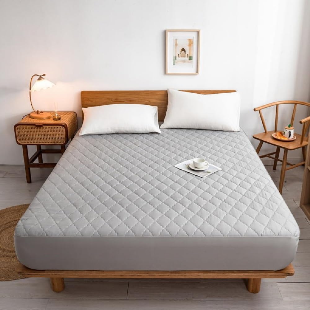 Sábana bajera impermeable gris claro, 180 x 200 cm, protector de colchón de microfibra súper suave, relleno de algodón grueso, se adapta a colchones de hasta 30 cm de alto