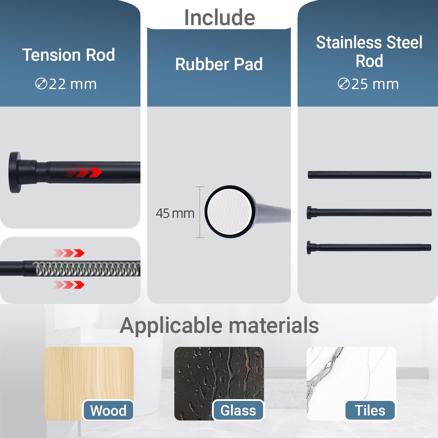 Tringle à rideau de douche réglable de 76 cm à 144 cm de diamètre - Noir - Barre de tension à ressort pour salle de bain - Sans perçage - Antidérapante