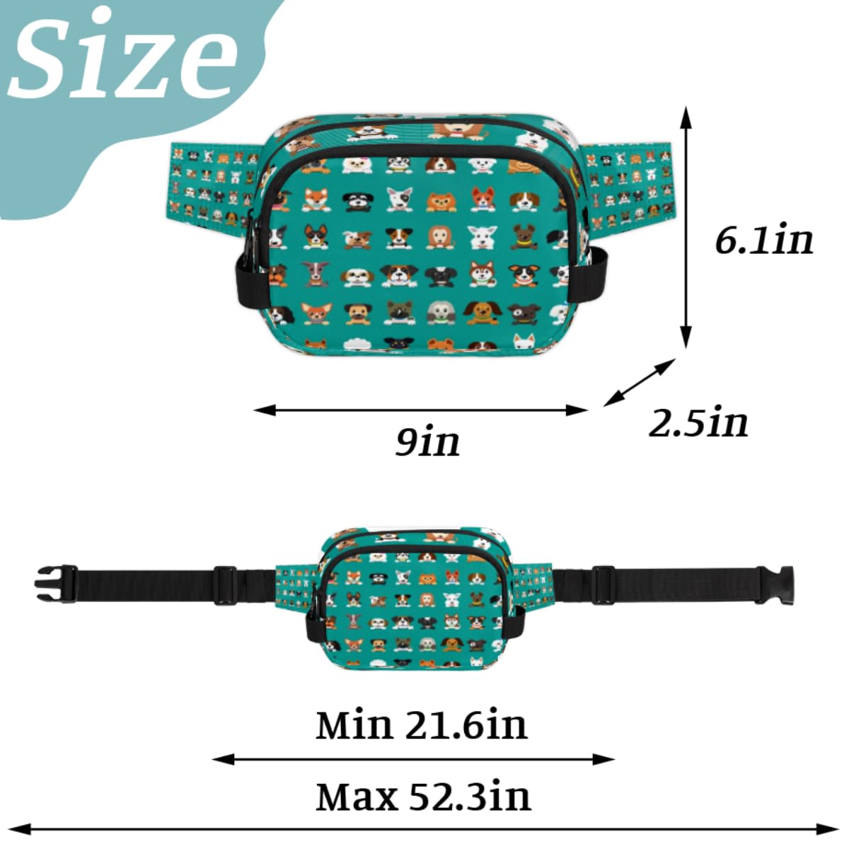 Dog Pattern Durable Waterproof Fanny Pack with Double Zipper Closure - Organize Your Essentials with Ease - Lightweight and Comfortable for Men and Women