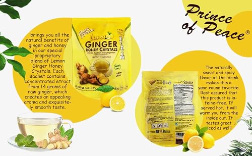 Prince of Peace Instant Ginger Honey Crystals with Lemon, 60 Sachets – Instant Hot or Cold Beverage – Easy to Brew – Drink Like a Tea – Caffeine and Gluten Free – Real Ginger