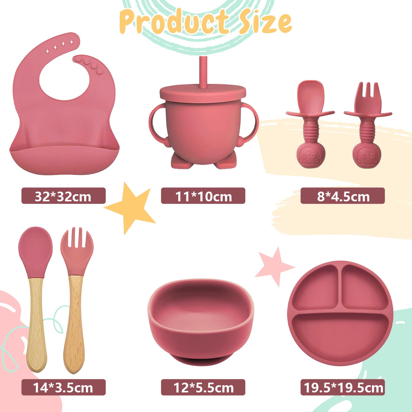 Set Svezzamento Dazhtu 10 Pezzi - Ciotola, Piatto Con Ventosa, Cucchiaio, Forchetta, Tazza E Bavaglino, In Silicone Sicuro Per Bambini, Colore Rosa