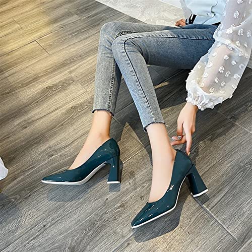 Talons hauts carrés en cuir breveté bleu élégant pour femmes - 4