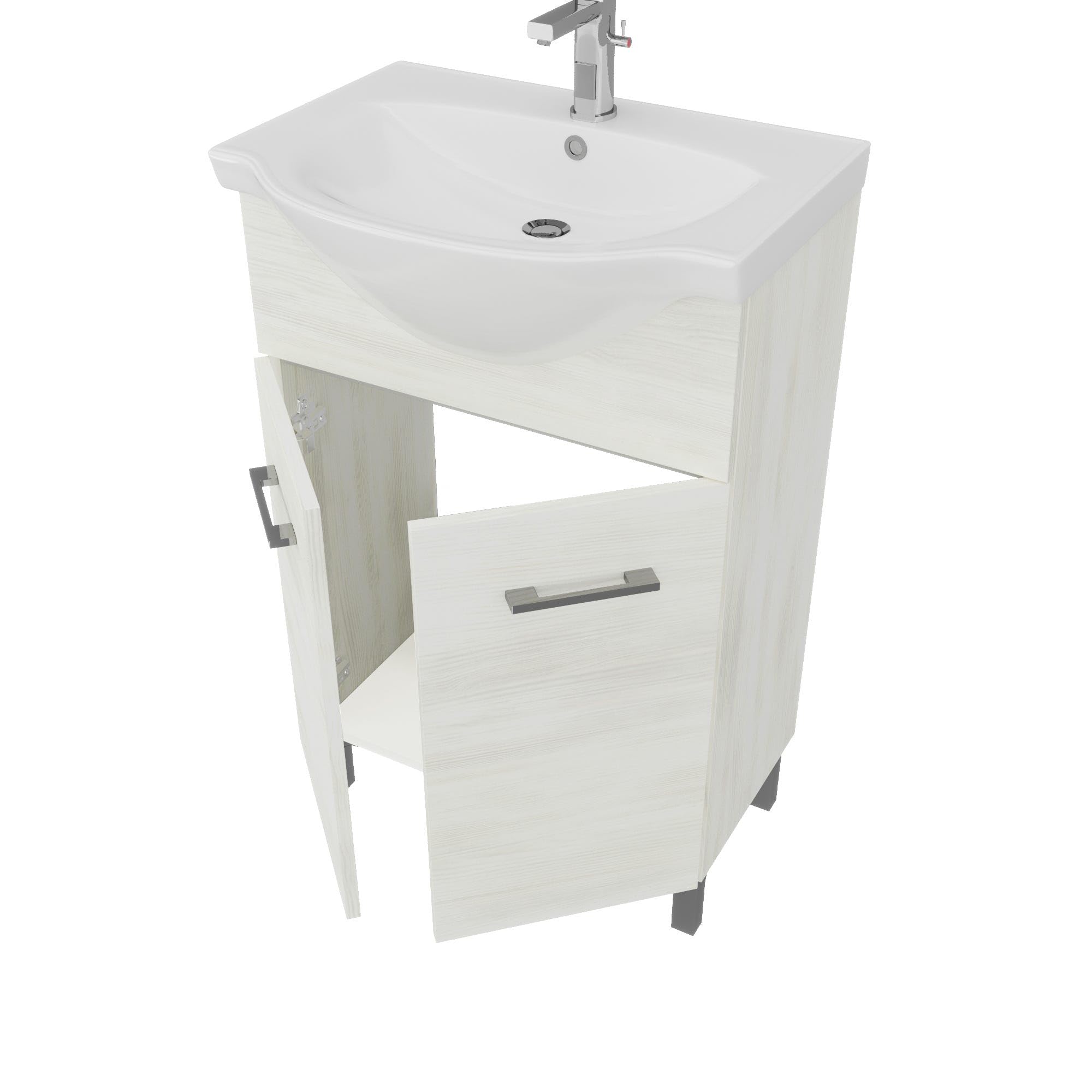 Kiamami Valentina - Mobile bagno a terra 55cm rovere bianco, lavabo e specchio 52x69 Rimini