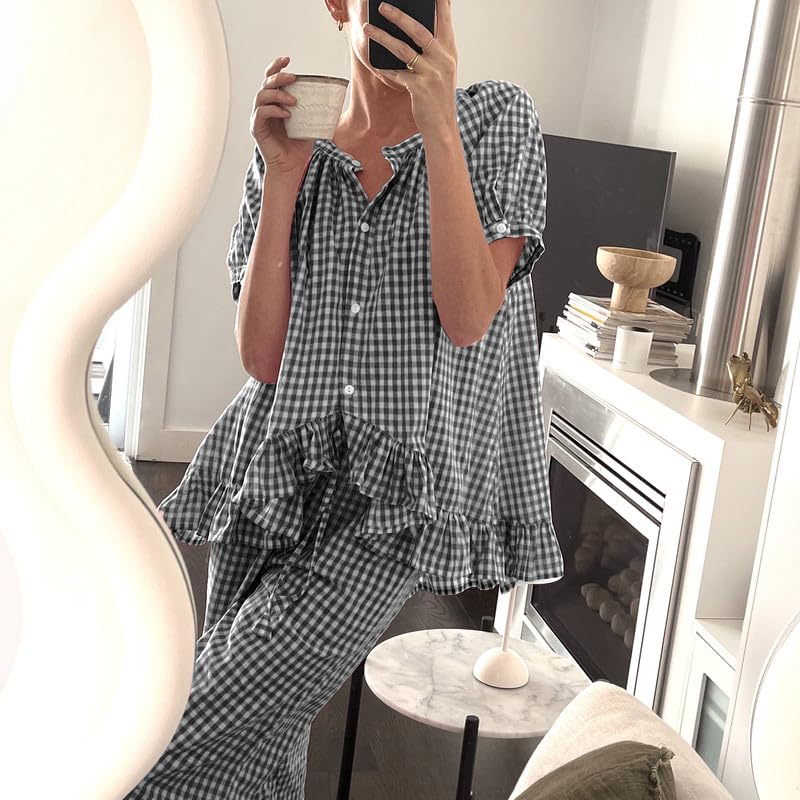Image of Argeousgor Women Plaid 2 Piece Pajama Set Button Down Puff Sleeve Babydoll Shirt Gingham Pants Pj Lounge Set Sleepwear
