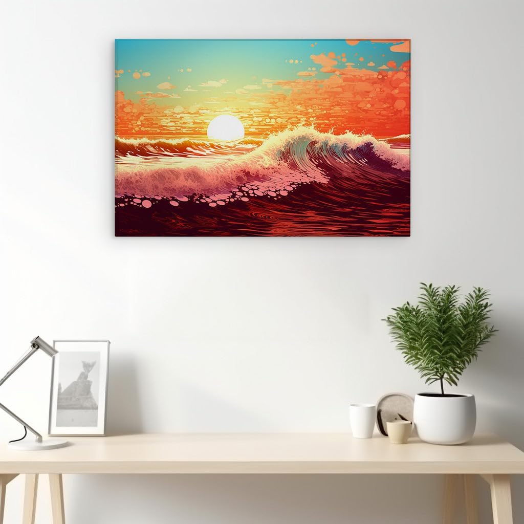 Canvas for Living room. Sunset Serenade The Dynamic Dance of Waves and Light, 27 x 18 inch Canvas Wall Art - Contemporary Masterpieces - Modern Home Decor