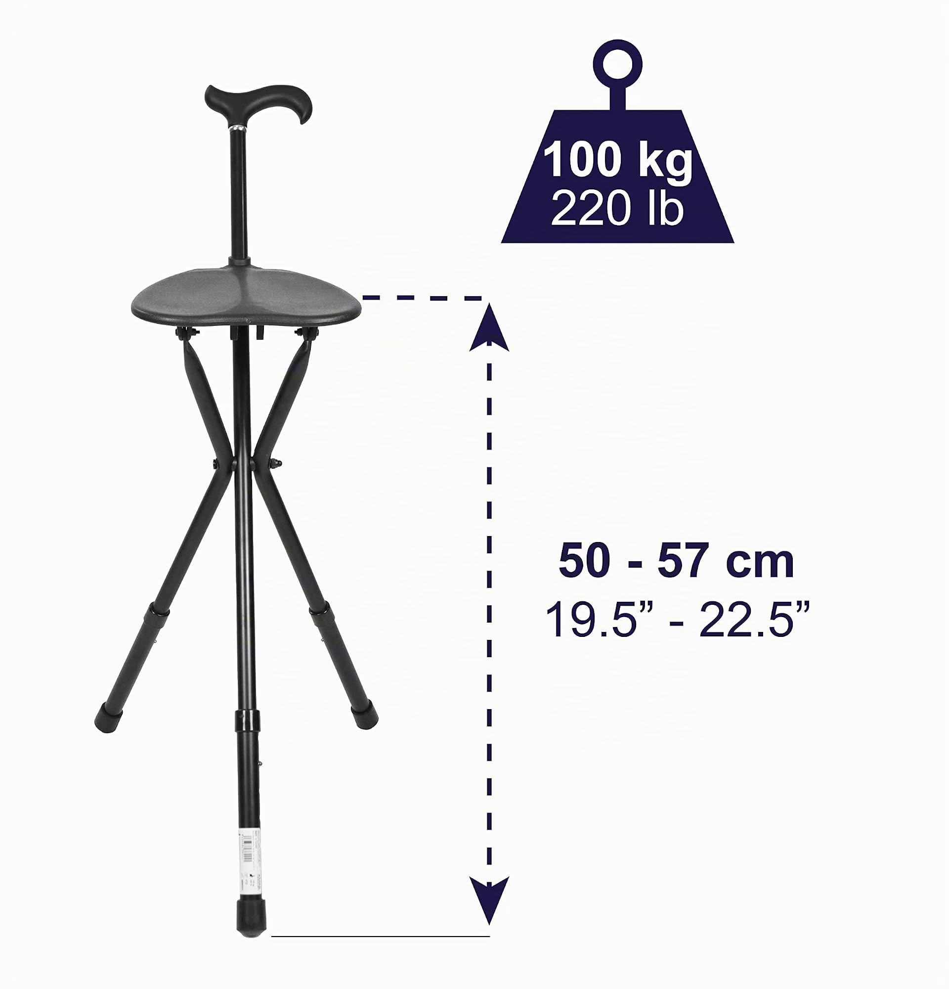 KMINA Bastone da Passeggio con Seduta per Anziani, 3 Piedi | Sgabello Pieghevole Portatile Regolabile 86-96 cm, Alluminio Nero, Puntali Antiscivolo, Massimo 100 kg, Modello Pro