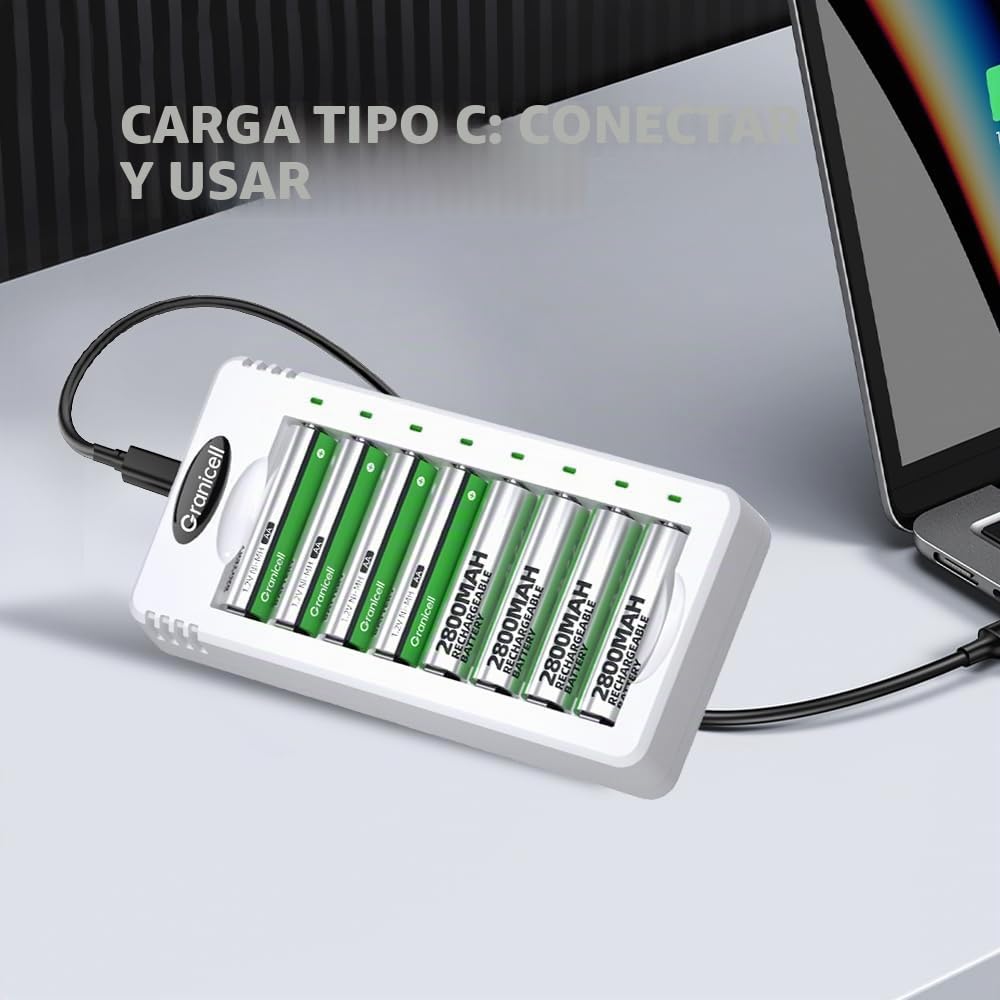 Granicell Kit de Carga 4 Pilas AA y 4 AAA Recargables NiMH con Cargador Rápido Incluido
