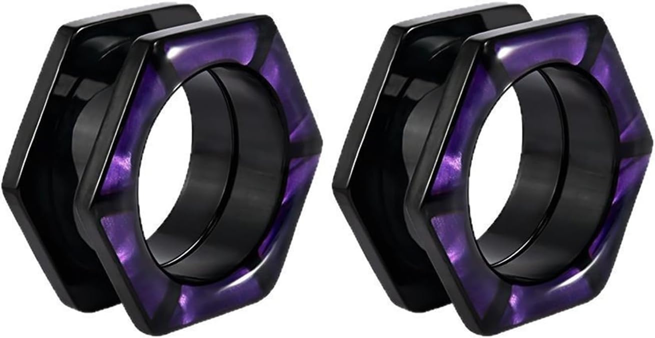Screw Gauges for Ears, Stainless Steel Ear Tunnels Black Hexagon Shaped with Purple Shell, Body Piercing Jewelry for Women, 2pcs