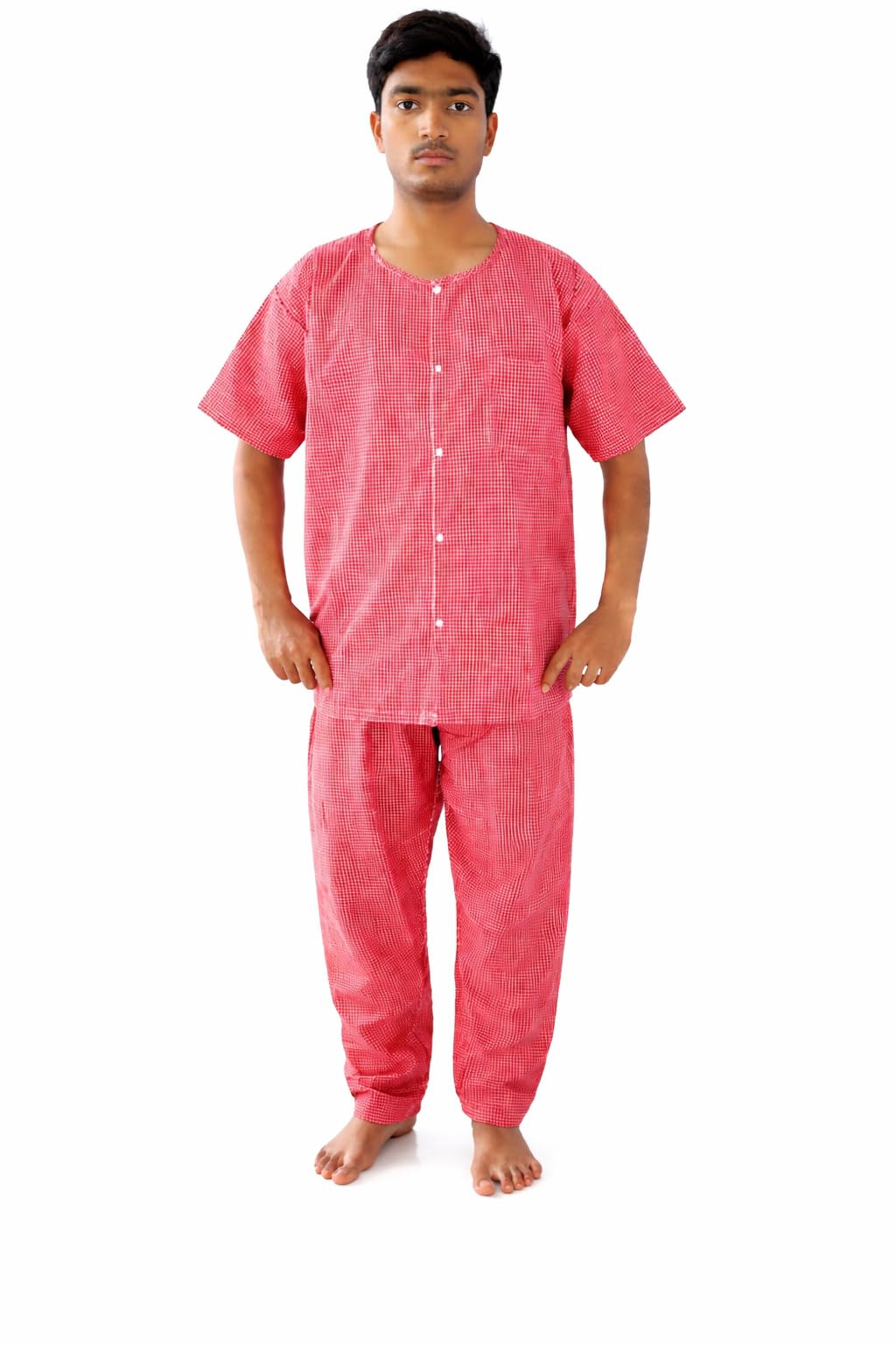 Men's Cotton Checkered Pyjama Set, Red, Short Sleeve Shirt with Pyjama Trousers, Comfortable Nightwear-picture-16