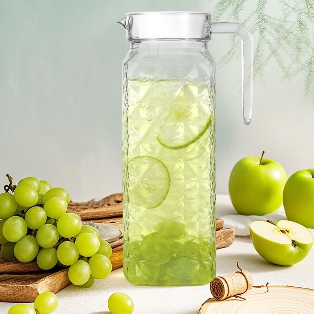 1 confezione da 1,1 l, caraffa per acqua con coperchio e manico, in acrilico trasparente, brocca per frigorifero, caraffa in vetro facile da pulire per latte (1 confezione da 1,1 l)