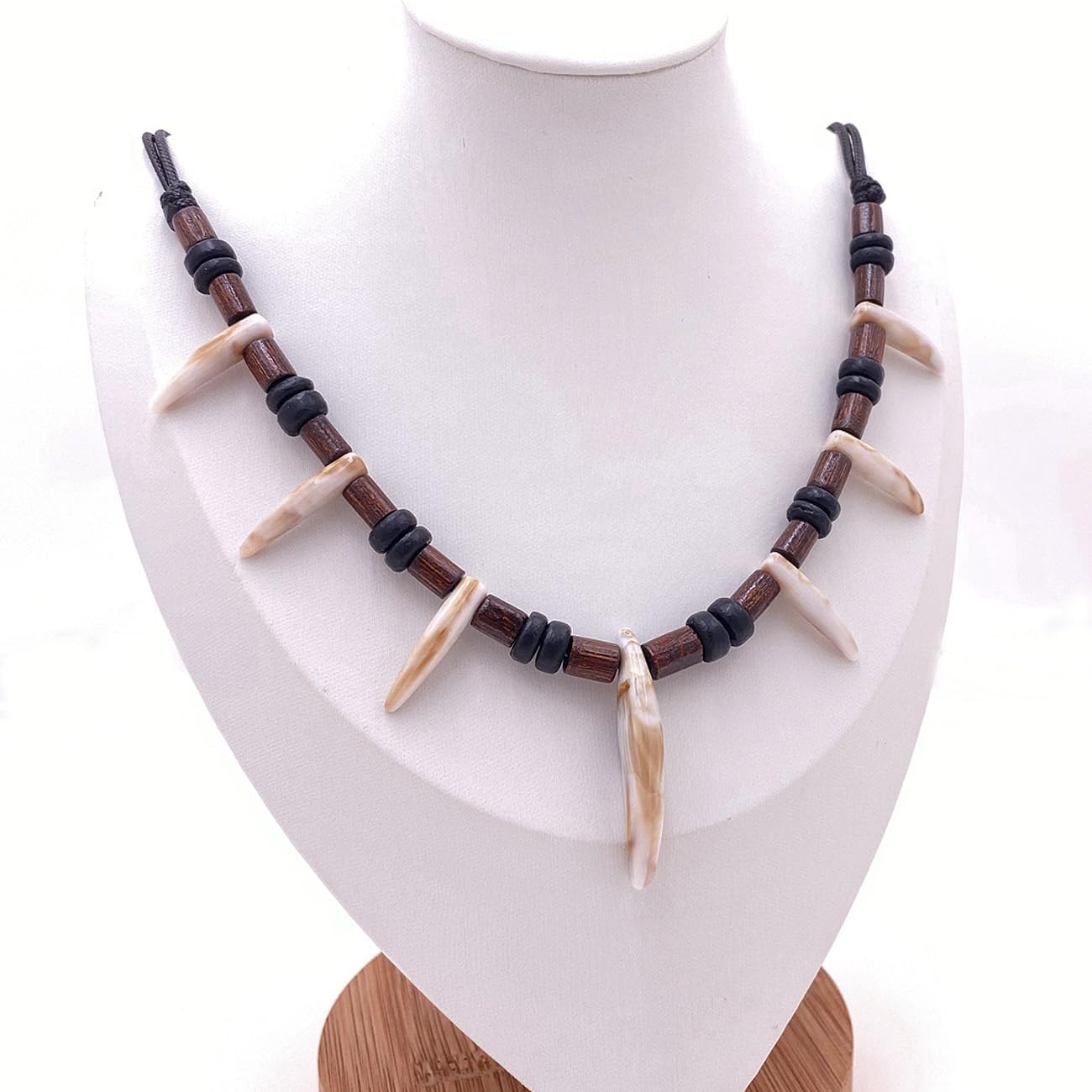 Wooden Bead Resin Tooth Adjustable Tribal Necklace for Men Women Caveman Black Coconut Wood Beads Necklace - Image 2