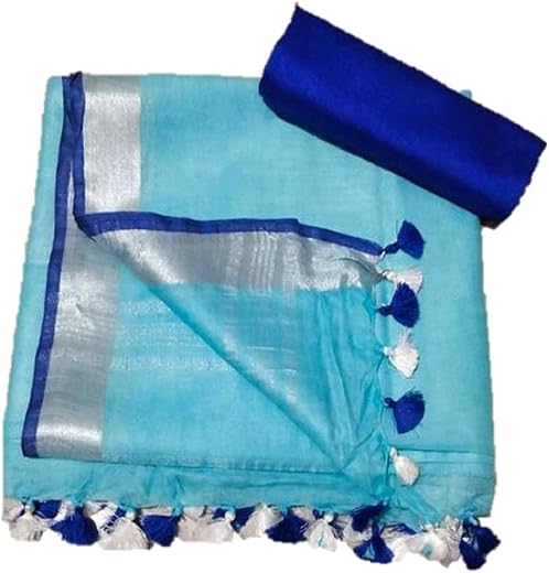 Anaya Handloom Women's Bhagalpuri Linen Saree With Blouse Piece (ANW0147_Blue, Sky Blue)