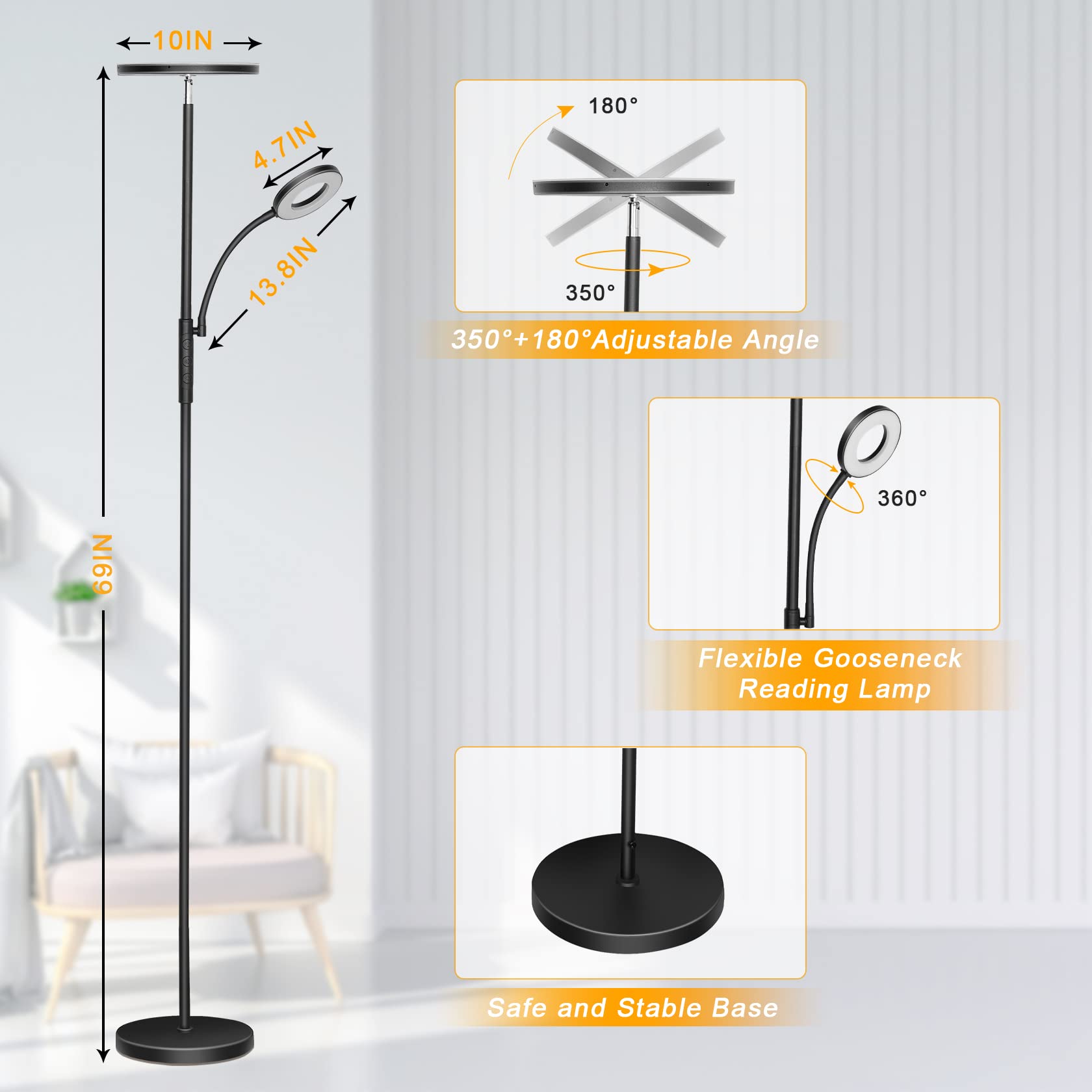 LED Stehlampe Wohnzimmer Dimmbar, 42W 3600LM Deckenfluter mit Leselampe, Fernbedienung & Touchsteuerung, 1-Minuten-Installation, Stehlampe Modern für Wohnzimmer, Büro, Esszimmer, Schlafzimmer(Schwarz)