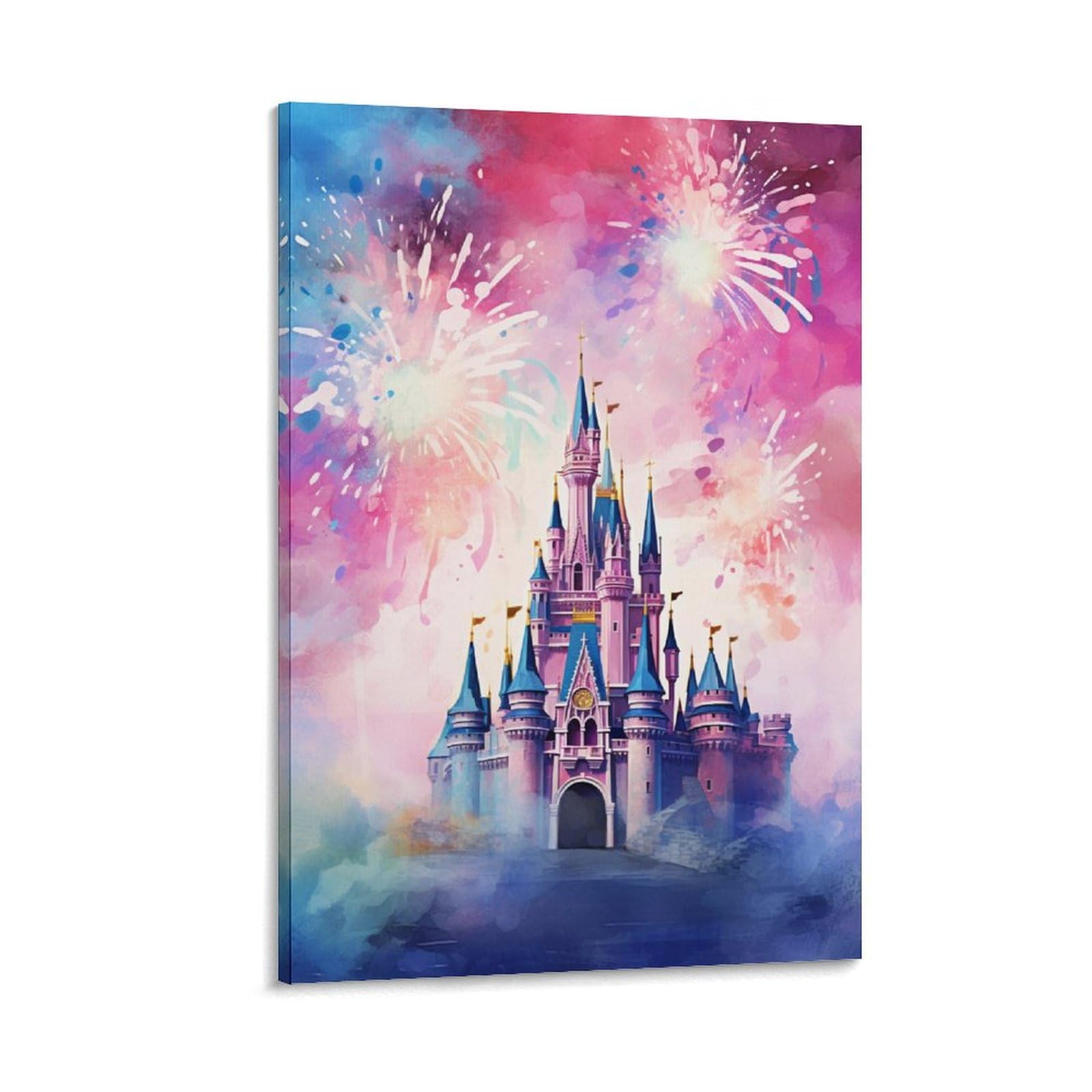 FOCCAR Fantasy Castle Printed Canvas Posters Pink Watercolor Fireworks Modern Castle Wall Decor for Living Rooms Bedroom Wall Art