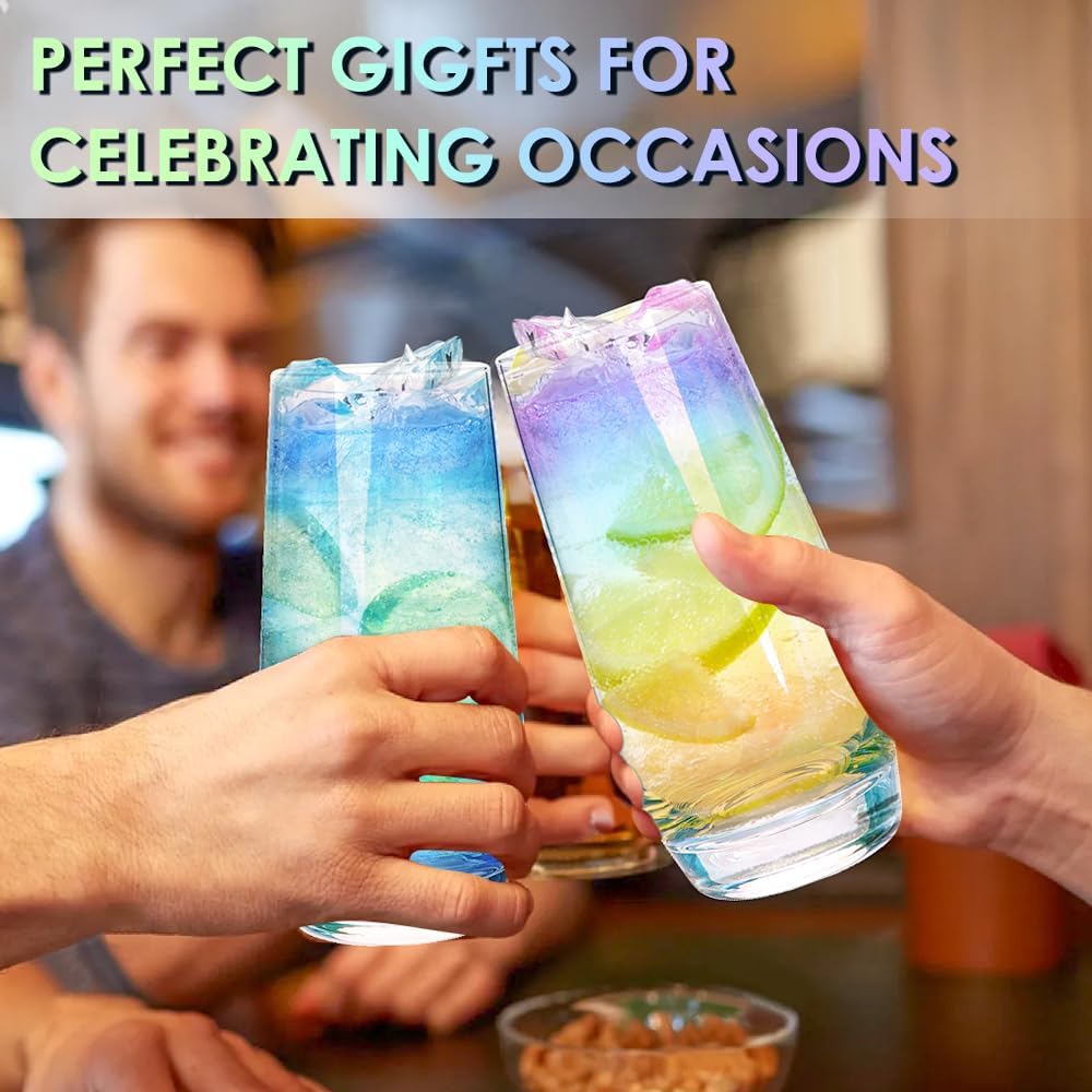 Vasos Highball coloridos, juego de 4 cristalería iridiscente de 18.5 onzas sin plomo para bebidas mixtas, jugo, cóctel, paquete de regalo (coloridos)