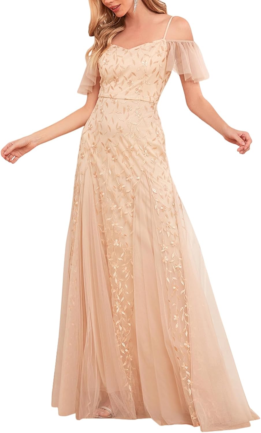 Women’s Long Formal Evening Gowns Off Shoulder Sequin Tulle Dress Prom Gown Bridesmaid Wedding Guest Dresses