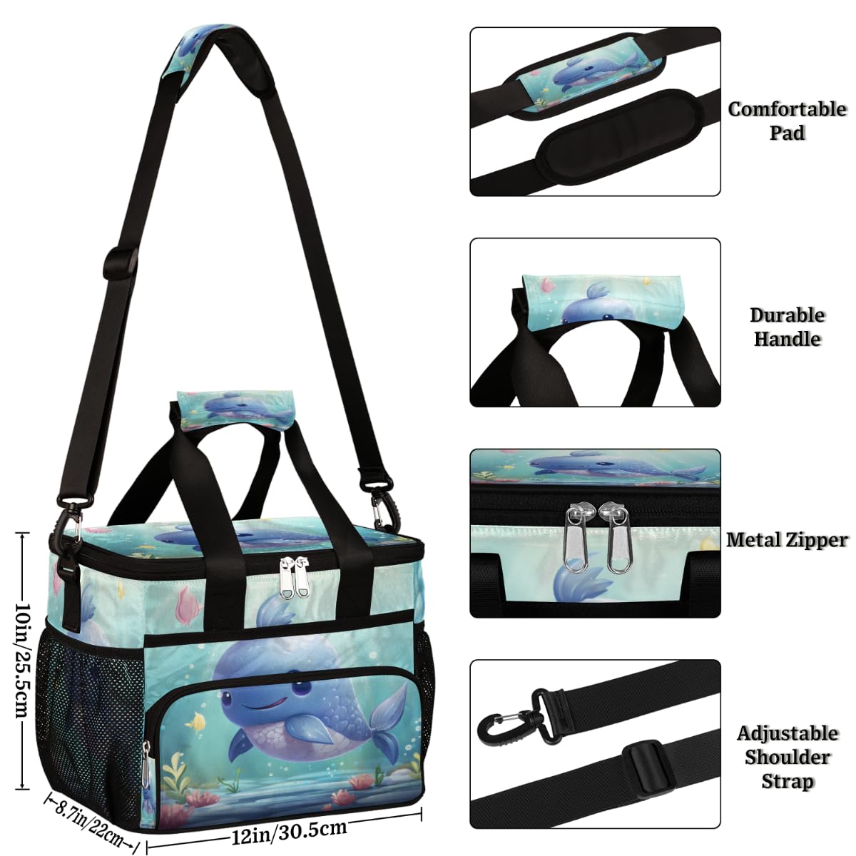 Cartoon Whale Insulated Picnic Backpack Lunch Box for Women Men Picnic Basket Tote Lunch Bag Picnic Bag Portable Lunch Bags for Picnic, Beach, Work, Trip,Office, Camp Cute Whale