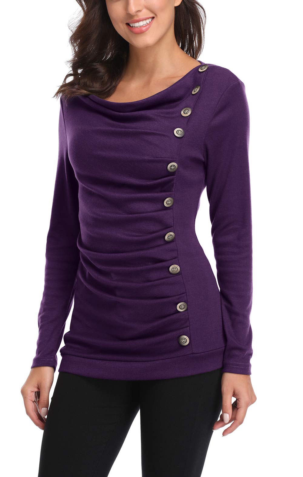 MISS MOLY Women's Cowl Neck Sweatershirt Tunic Button Decor Ruched Front Long Sleeves Work Tops T-Shirt