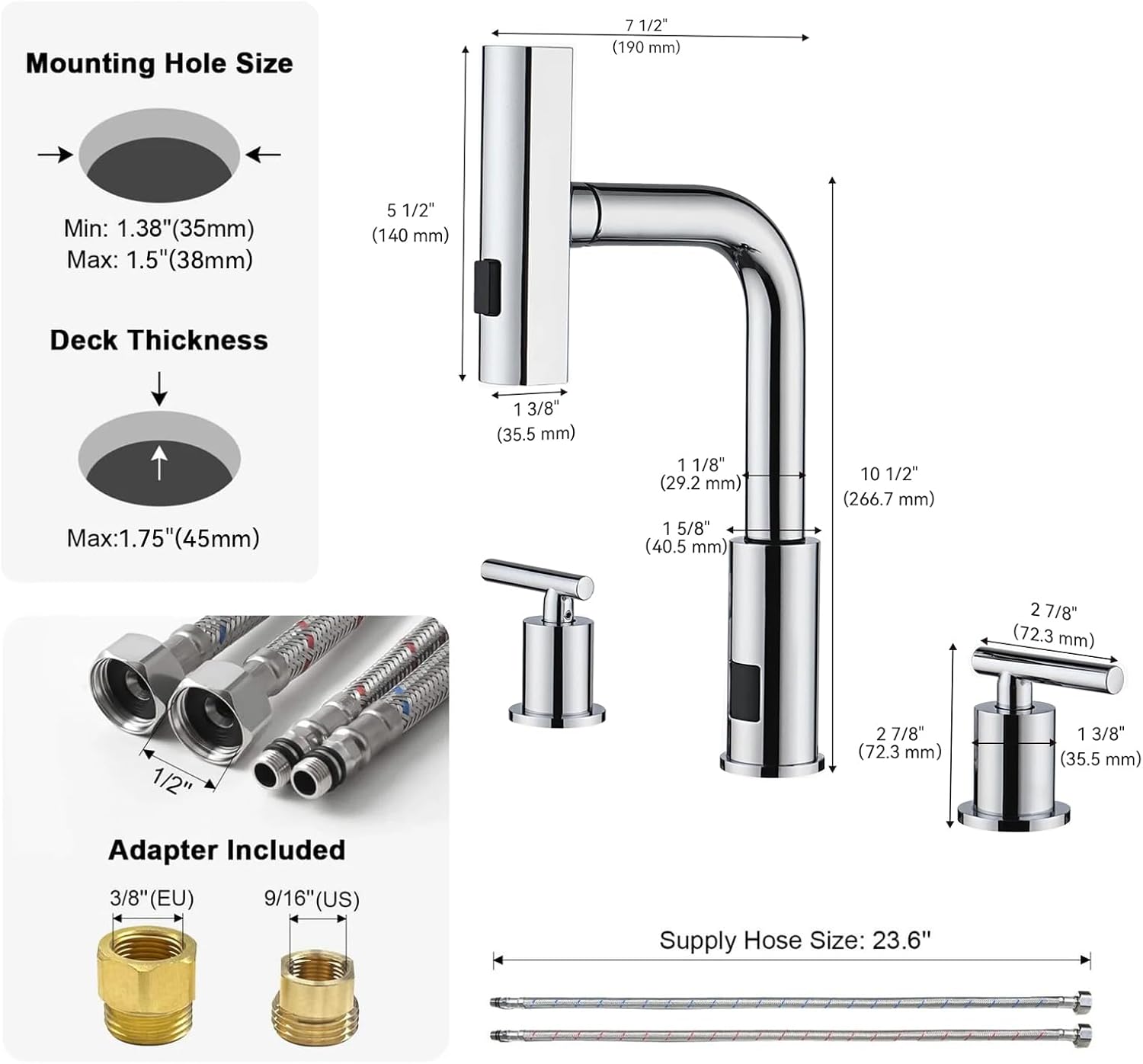 Lefton Waterfall Pull-Out Bathroom Faucet 3 Hole with Temperature Display in Fahrenheit (Battery-Free), 8-inch Widespread Vanity Faucet for Bathroom Sink with 2 Handles, Chrome, BFWS2401-1