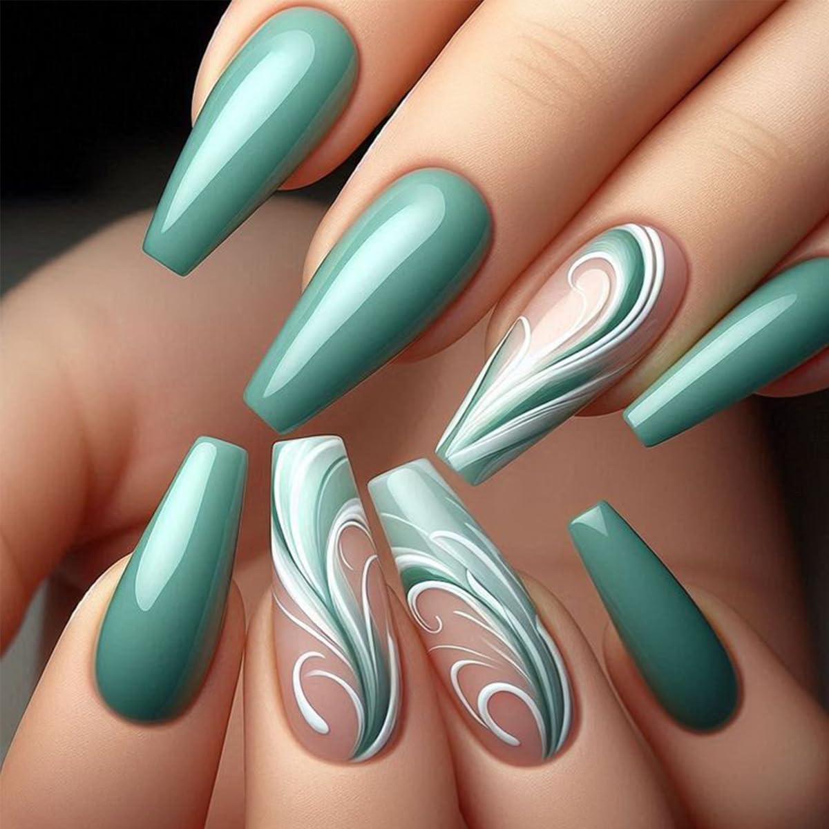 24Pcs Green Press on Nails Short Ballet ZIFANHU Fake Nails Press ons Nail Art Tips with Plant Leaves Design Square False Nails Full Cover Glue on Nails Cute Stick on Nail Kit for Women