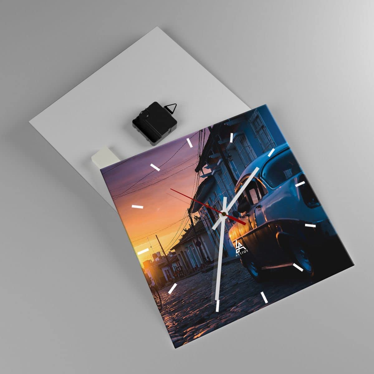 ARTTOR Zegar ścienny na szkle ulica samochód dom Nowoczesny 30x30 cm Dekoracja ścienna Salon Sypialnia Kuchnia Deko Cichy zegar na ścianę Duży Wall Clock Dekor C3AC30x30-3459