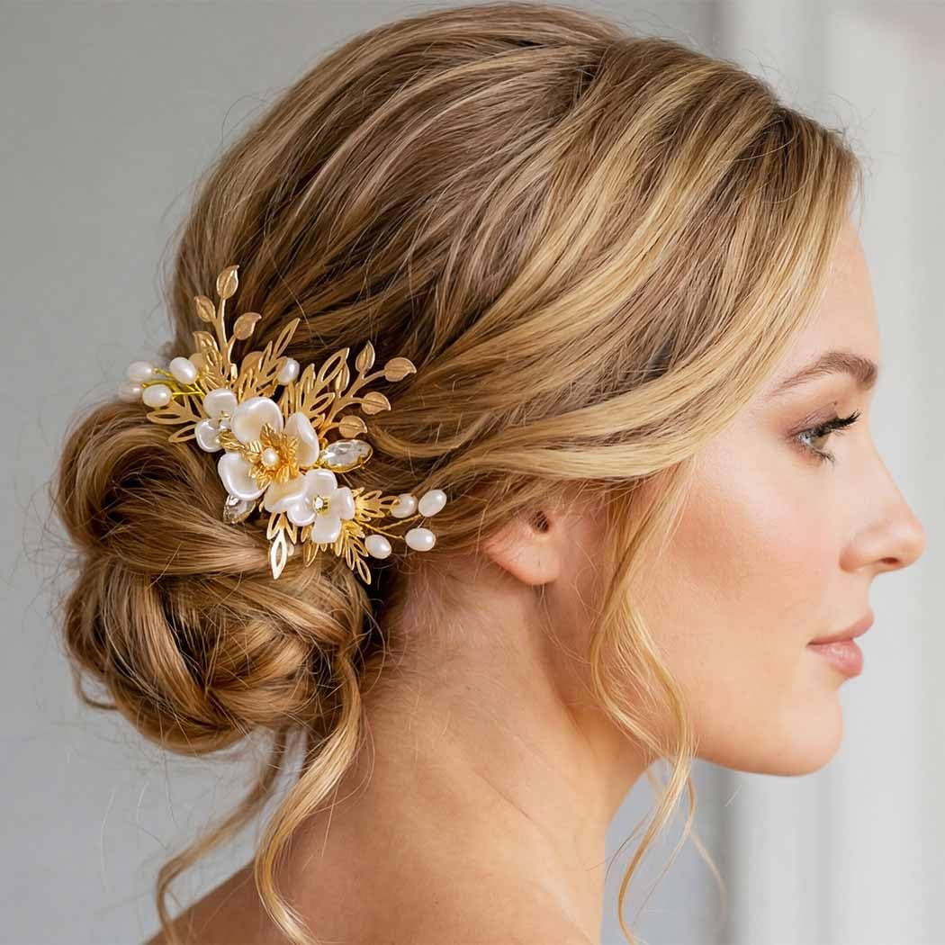 Amazon.com : BARTOSI Gold Bride Wedding Hair Clips Flower  display picture 2