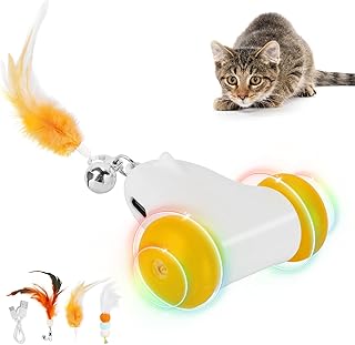 HAPPY HACHI Cat Toy Self-Employment, Cat Toy Electric with 3 Feathers, 2 Speeds, LED Colour Wheel, Toy for Cats, USB Rechargeable (White) product image