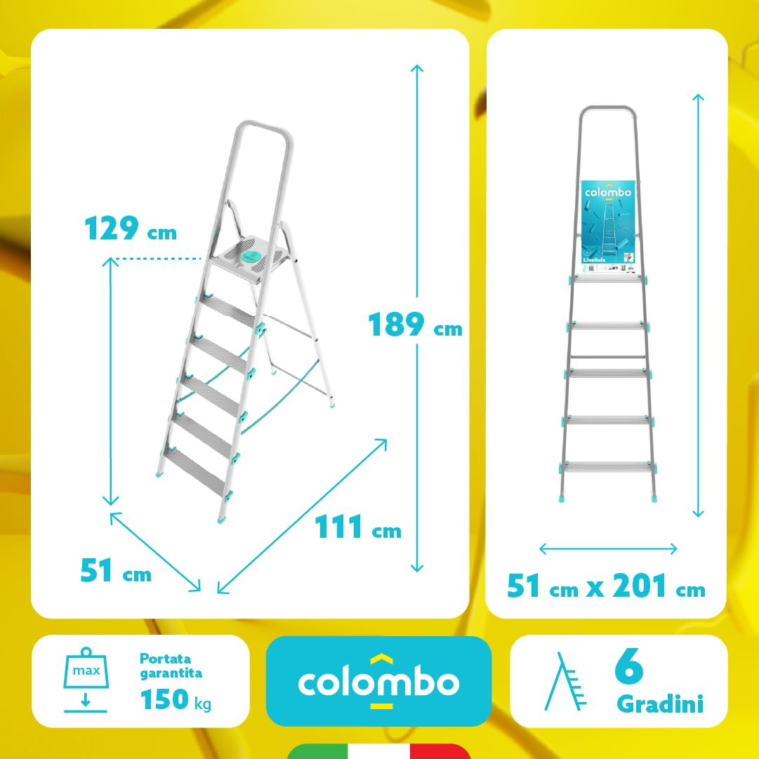 Colombo Scala Pieghevole in Alluminio Libellula 3/4/5/6/7/8 Gradini Senza Rivetti | Scala 6 Gradini, Robusta con Piattaforma Antiscivolo | Portata 150kg | Conforme EN131 TÜV-GS | Made in Italy