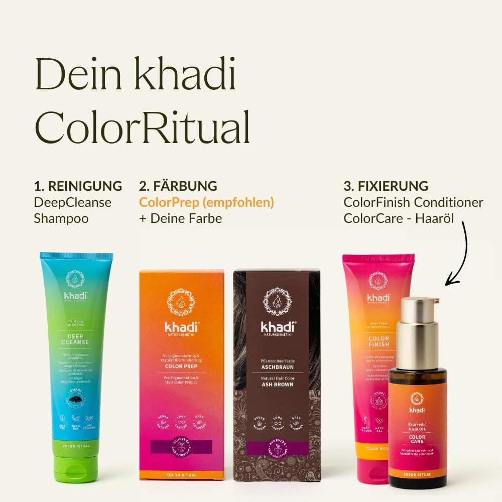 khadi ColorCycle CASTANO CENIZA Kit completo - Tinte vegetal para el cabello + DEEP CLEANSE Champú clarificante ayurvédico + COLOR FINISH Acondicionador para después del tinte + Aceite capilar COLOR C