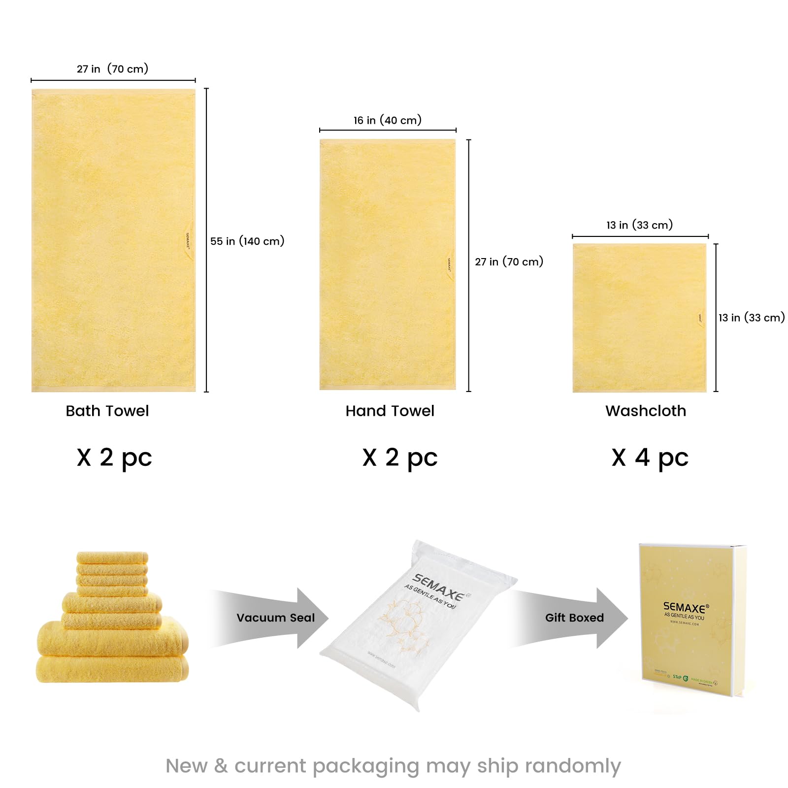 SEMAXE Set de Serviettes 8 pièces en Jaune, en 100% Coton, certifié Oeko-TEX, Doux & très Absorbant, avec Boucles de Suspension Pratiques, dans Une boîte Cadeau