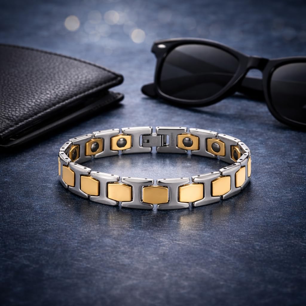 Gem Stone King Men’s Solid Silver and Gold IP Shiny Polished Tungsten Link Bracelet 8.25 Inches in Length with Fold Over Safety Clasp - Image 4