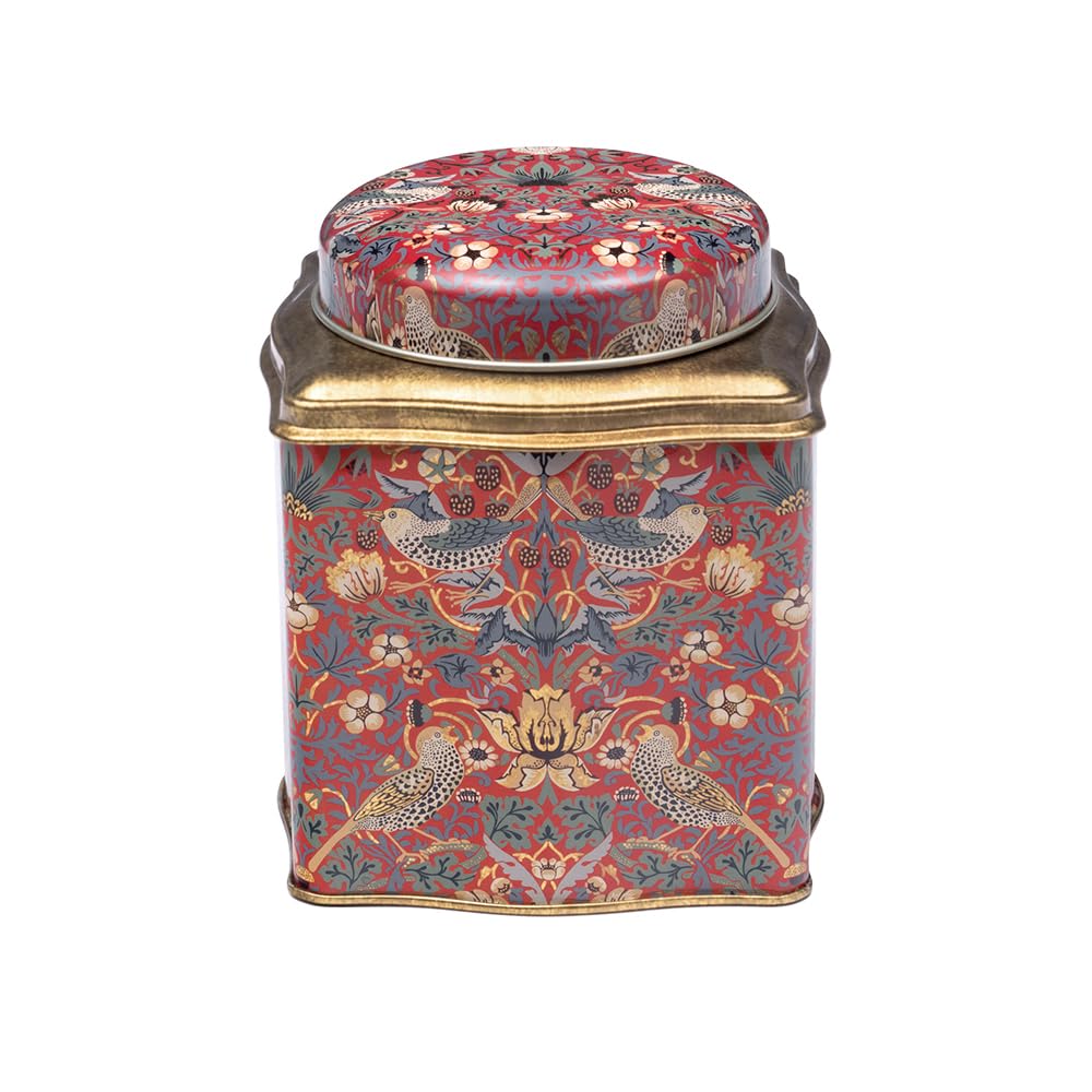 Arts & Crafts William Morris Red Strawberry Thief Wavy Tin Tea Caddy, 105 x 105 x 110 mm