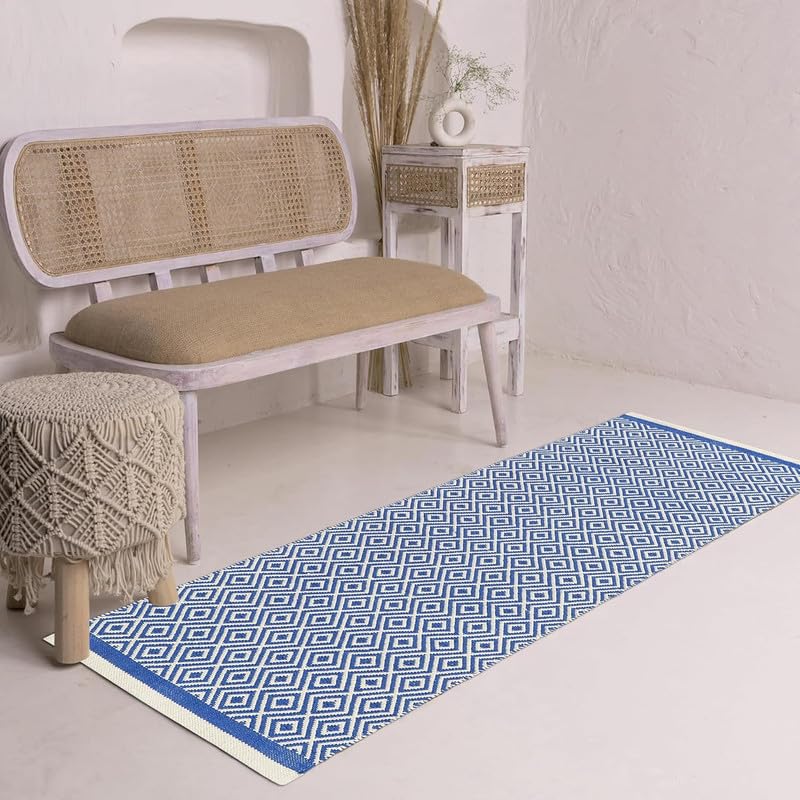 Image of FIASCO Hand Woven 100% Natural Cotton Export Quality Designer Striped Rug, Bed Side Runner Rug Carpet for Bedroom, Passage,Living Room, Size- 2X5 Feet Blue Diamond