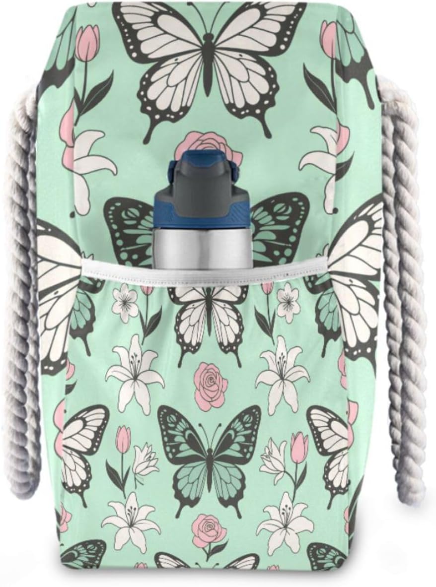 OTVEE Butterfly Lily and Rose Patterns Beach Bags for Women Ladies Large Canvas Tote Shoulder Bag Waterproof Travel Bags for Gym Swim Pool Camping