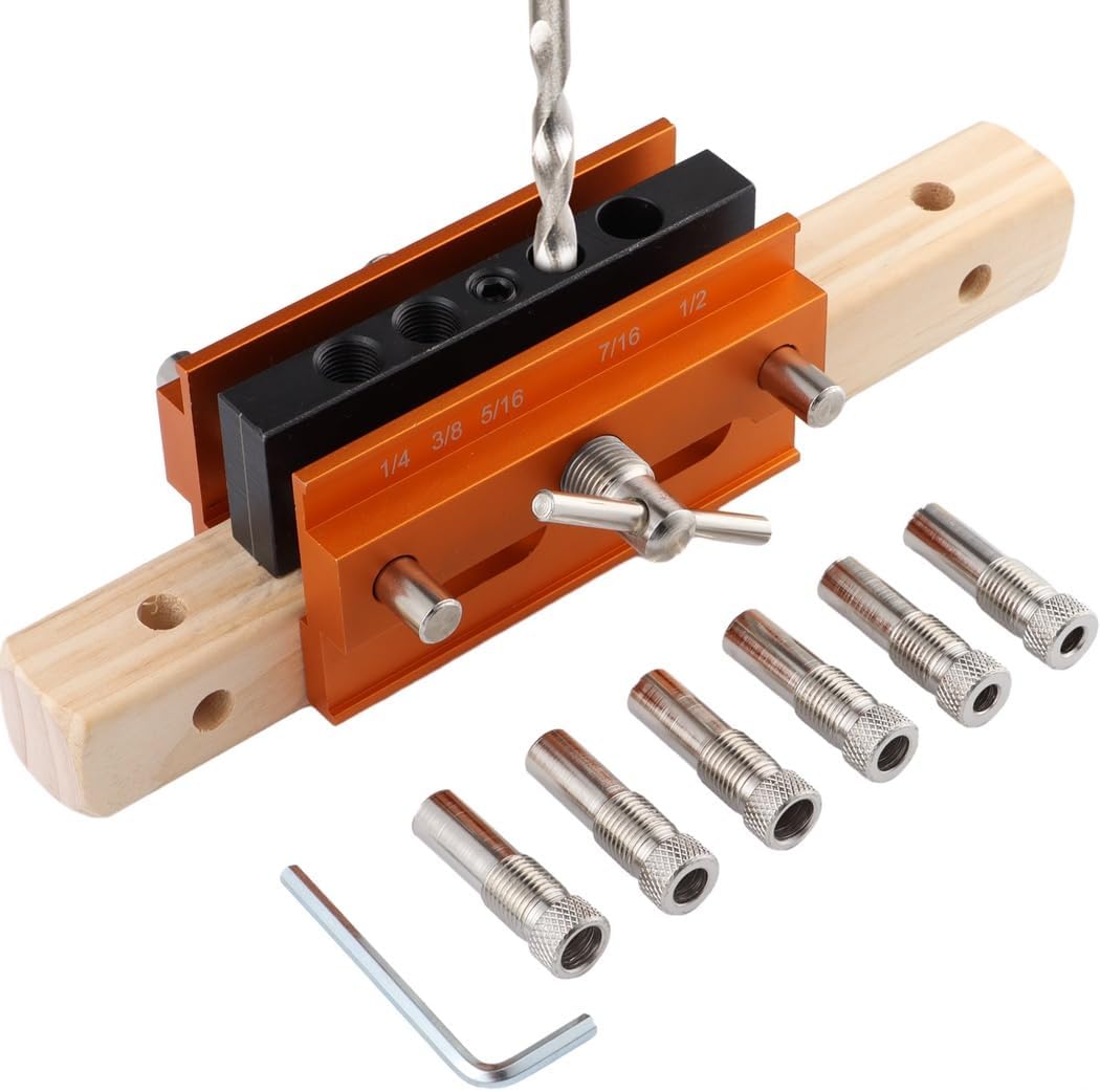 Woodworking Doweling Jig Tool Kit With 6 Threaded Bushings, Self-Center Drilling Guide, Adjustable Locator For Accurate Hole Punching