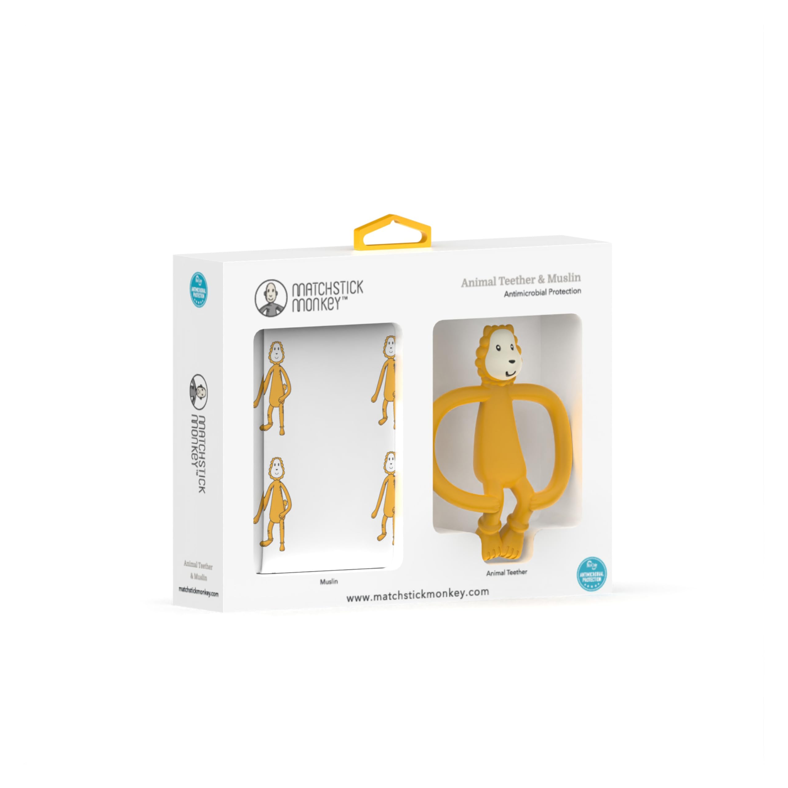 Matchstick Monkey, Antimicrobial Teether & Muslin Gift Set - 1 Animal Teether, 1 Soft 100% Organic Cotton Muslin, Ludo Lion
