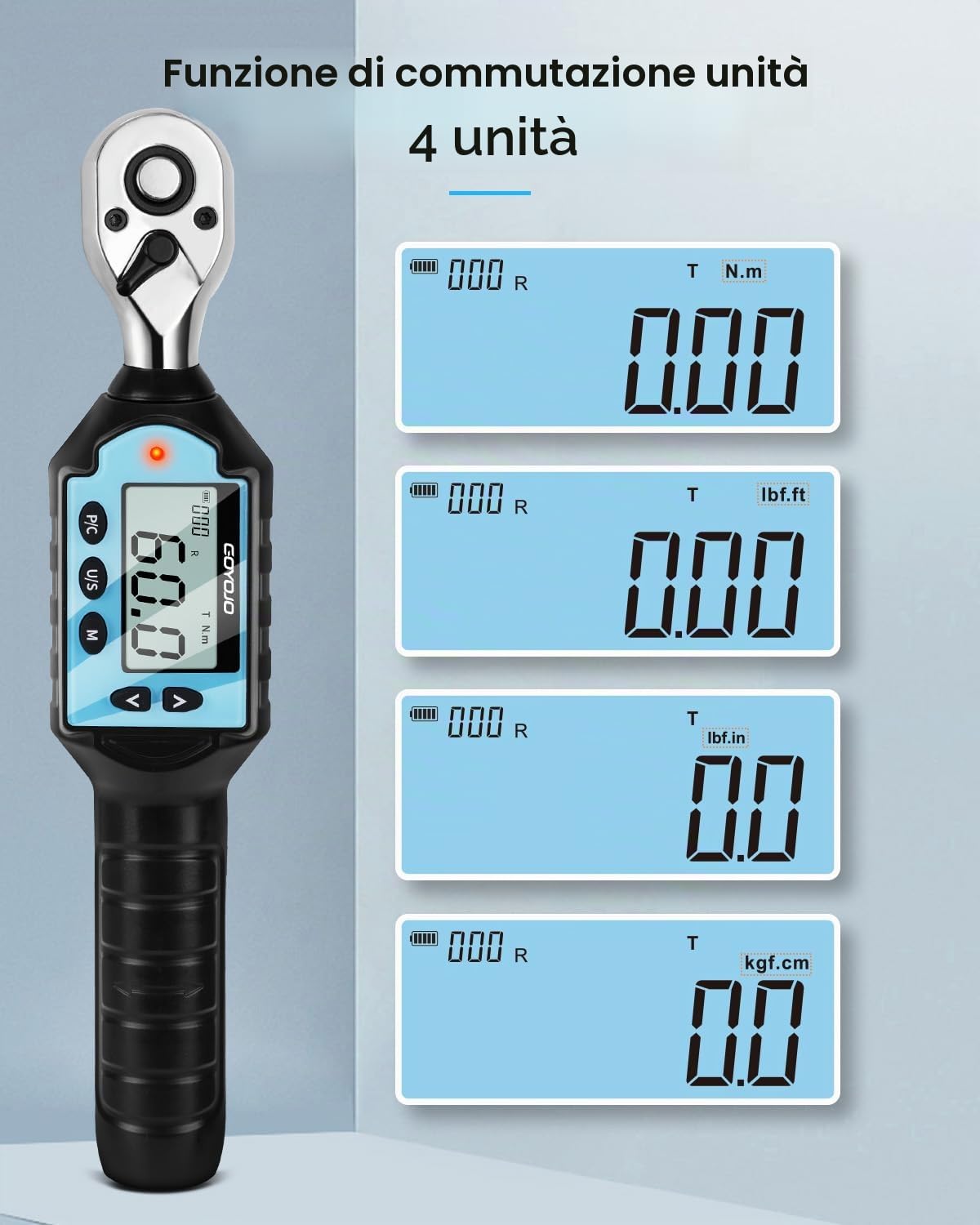 GOYOJO Chiave Dinamometrica Digitale, con Buzzer e LED - Precisione Oraria ±2% in Senso Orario / ±2.5% in Senso Antiorario - Ideale per Automobili, Motocicli e Elettrodomestici Domestici (1/4-30N.m)