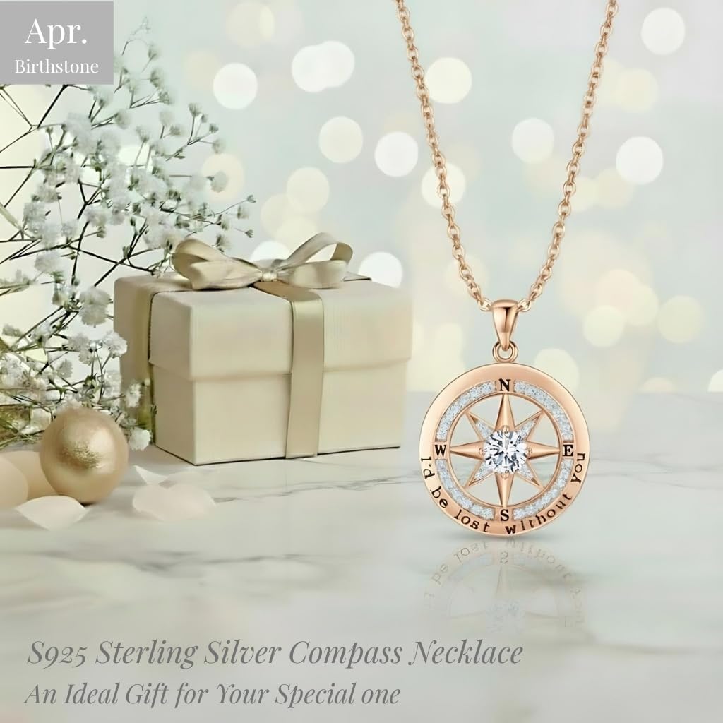 Compass Necklace for Women Wife Girlfriend Mom Daughter Gifts S925 Sterling Silver Jewelry For Anniversary Rose Gold Gifts For Birthday Christmas Mothers Valentines Day 12 Birthstones - Image 3