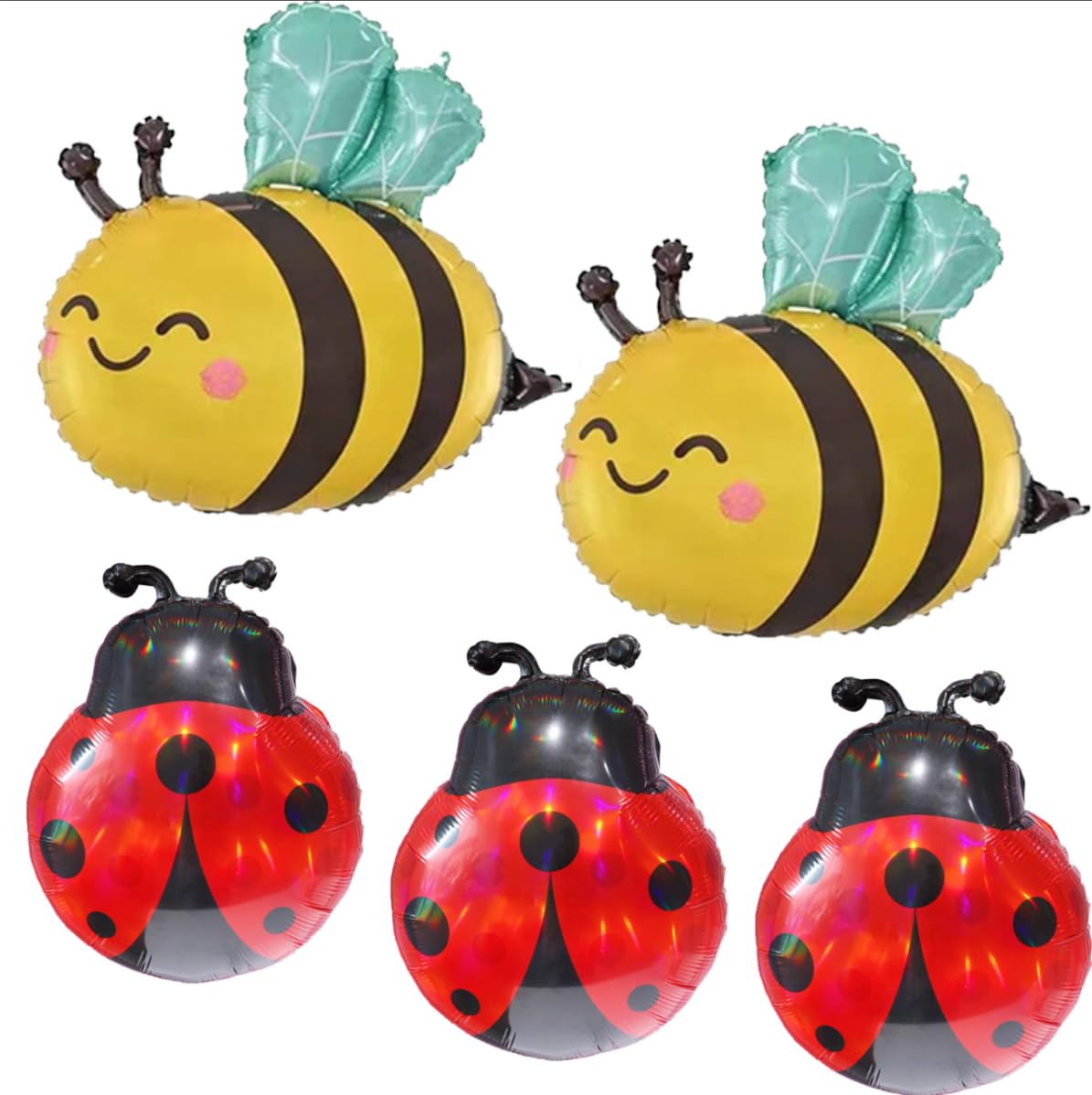Ladybug and Bee Foil Balloon Set – 3 Ladybugs & 2 Bees | Cute Insect Balloon Decorations for Garden Party, Baby Shower, Birthday, Spring Picnic,